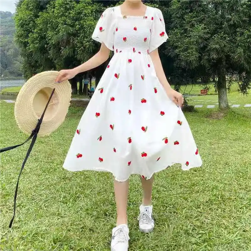 Women Sexy Ruffle Puff Sleeve Off Shoulder Embroidery Summer Party Dresses 2023 Korean Elegant Vintage Kawaii Strawberry Dress