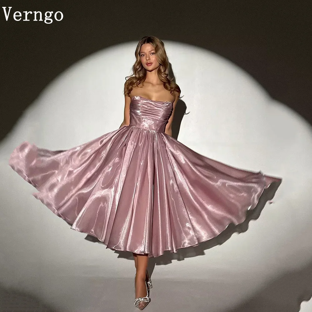 

Verngo Pink Shiny Satin Evening Dress Strapless A Line Modern Formal Dress Elegant Ankle Length Party Gowns Customized