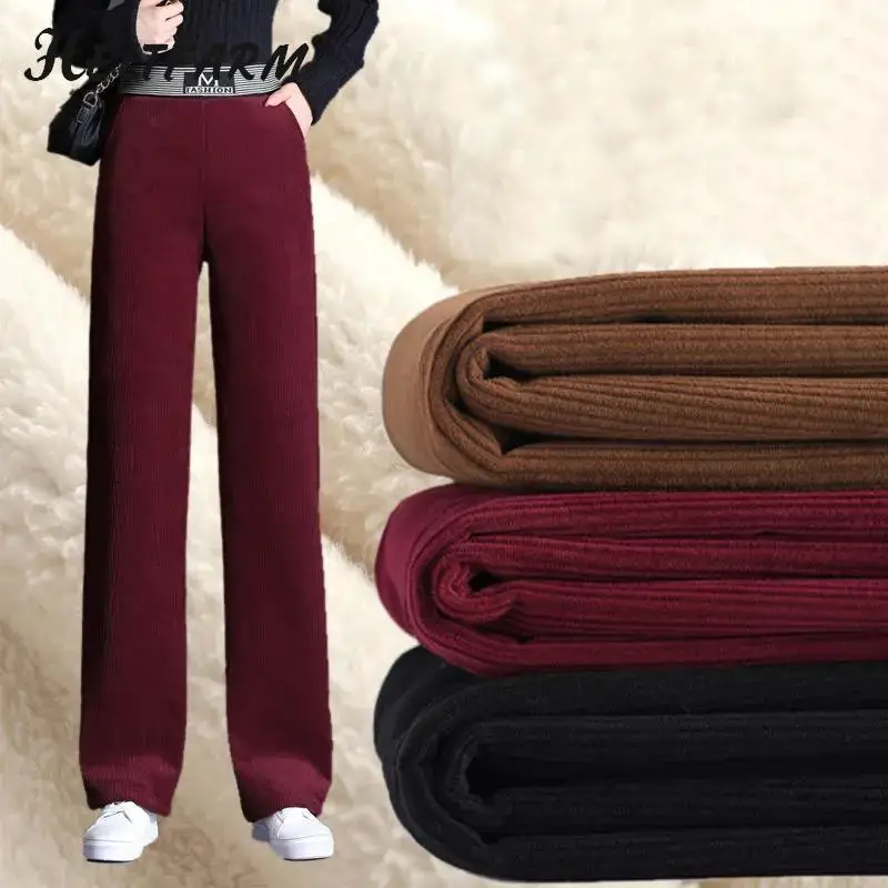 

Plus Velvet Wide Leg Warm High Waist Pants Vintage Loose Solid Trousers Pocket Thicken Winter Pants