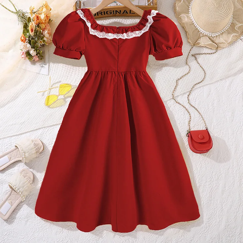 2024 Summer New Arrival Girls Short Puff Sleeve Lace Red Dress Roupa Infantil Menina Cute Party Dress Custume 8-12T