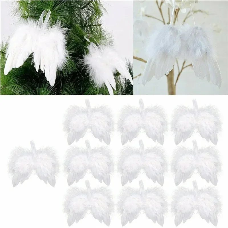 10 Stück weiße Vintage-Federflügel, hübscher schicker Engel, Weihnachtsbaumdekoration, hängende Verzierung, Heim-/Party-/Hochzeitsornamente