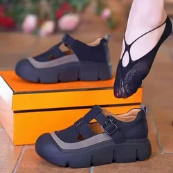 Thick Soled Closed Toe Platform Sandals Hollow Out Breathable Shoes for Women Summer 2024 New Soft Leather Comfortable Sneakers