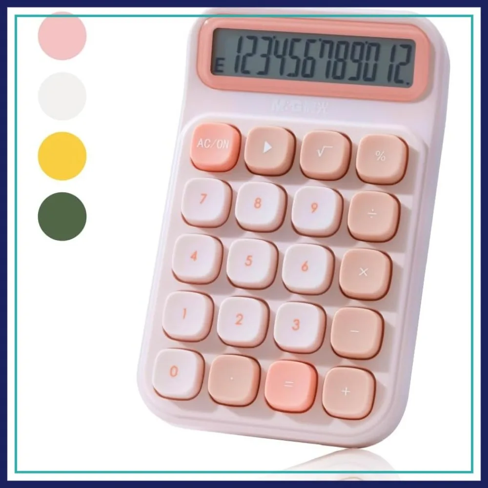 

12-Digit Desktop Calculator with Large LCD Display & Mechanical Buttons, Cute Pink for Office School Home, Battery Included