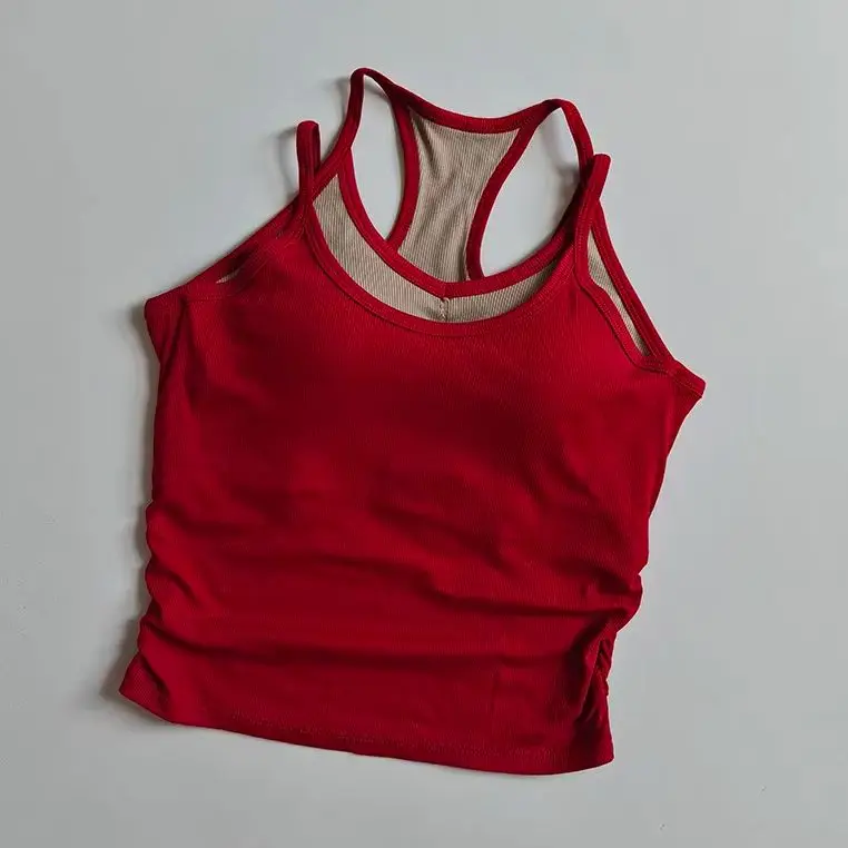 Women Fake Two Piece Cami Sports Top Built In Padded Beautiful Back Yoga Vest For Pilates Running Fitness Training