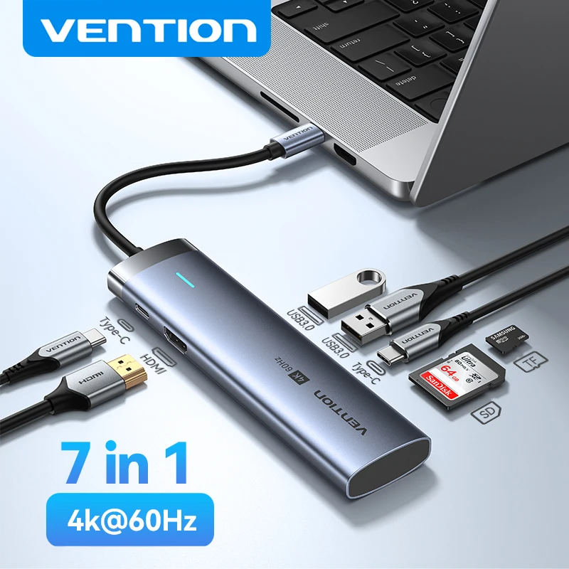 

Vention USB C HUB HDMI 4K при 60 Гц 7 в 1 USB 3.0 5 Гбит/с SD и TF адаптер PD 100 Вт HUB-сплиттер для MacBook Air iPad M1 M2 Sumsang ноутбука