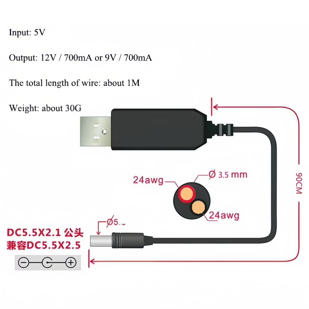 1PCS USB Power Boost Line DC 5V to DC 9V / 12V Step UP Module USB Converter Adapter Router Cable 2.1x5.5mm Plug