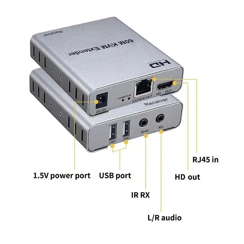 60M KVM Extender Over Ethernet Cat5e/6 Cable 1080P USB HDMI-compatible Extender with IR Audio Support Mouse Keyboard for PC DVR