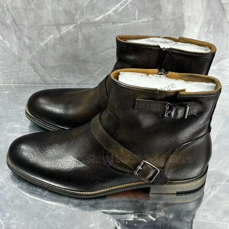 

Brown Buckle Decor Crack Pattern Mid Calf Boots Fashion Side Zipper Men Boots Luxurious Handmade Party Banquet Men Dress Shoes