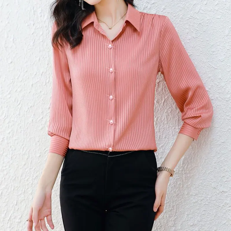 Spring Autumn Striped Solid Color Blouse Women\'s Clothing Commute Long Sleeve Single-breasted All-match Straight Polo-Neck Shirt