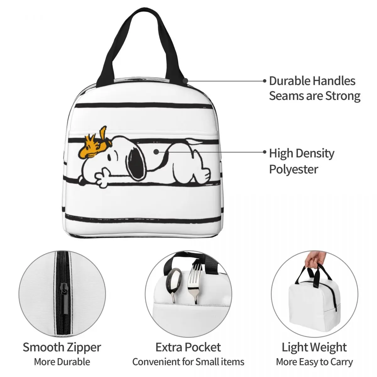 Snoopy Smile Giggle Laugh Insulated Lunch Bags Thermal Bag Reusable Leakproof Tote Lunch Box Food Storage Bags School Outdoor