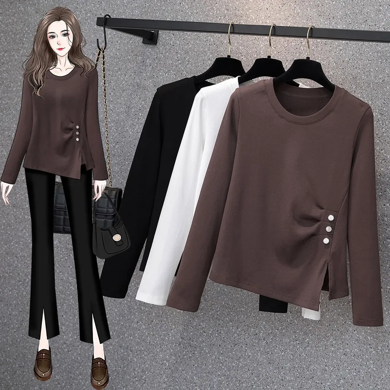 

plus Size Women's Long Sleeve T-Shirt Pure Color Base Layer Shirt Korean Style Loose Fit Commute Fashion Autumn Season