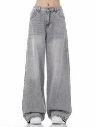 Women's Grey Vintage Jeans High Street Denim Trouser Casual Goth Pants High Waist Straight Streetwear Baggy Hosen Female Y2K