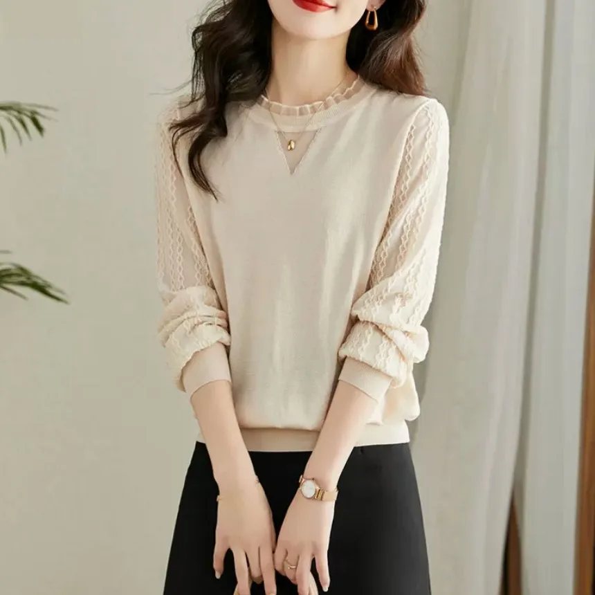 

Slimming Anti-Aging Long Sve Lace Knitted Small irt Casual Comfortable Breathable Faionable Women's Spring Autumn Top