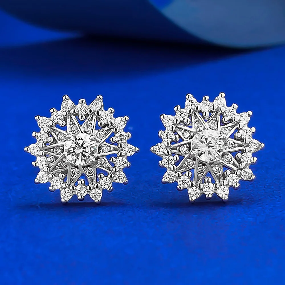 Luxury 100% 925 Sterling Silver Lab Diamond Snowflake Astrolabe Stud Earrings for Women Wedding Party Fine Jewelry Holiday Gift