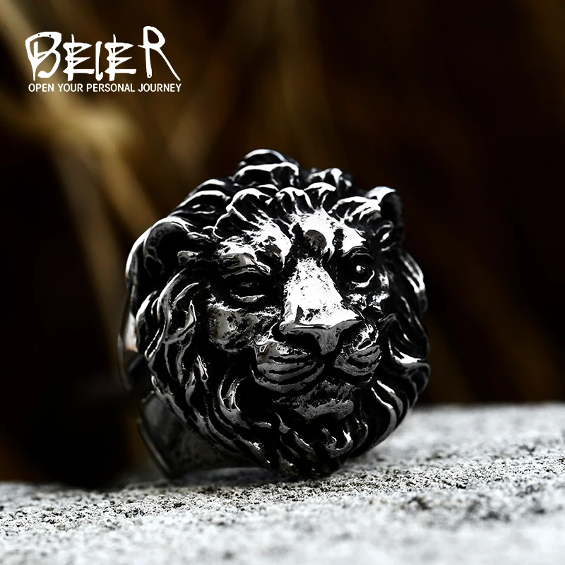 BEIER Punk Male Female Lion Heads Finger Stainles Steel Animal Rings For Men And Women Vintage Personality product BR8-676