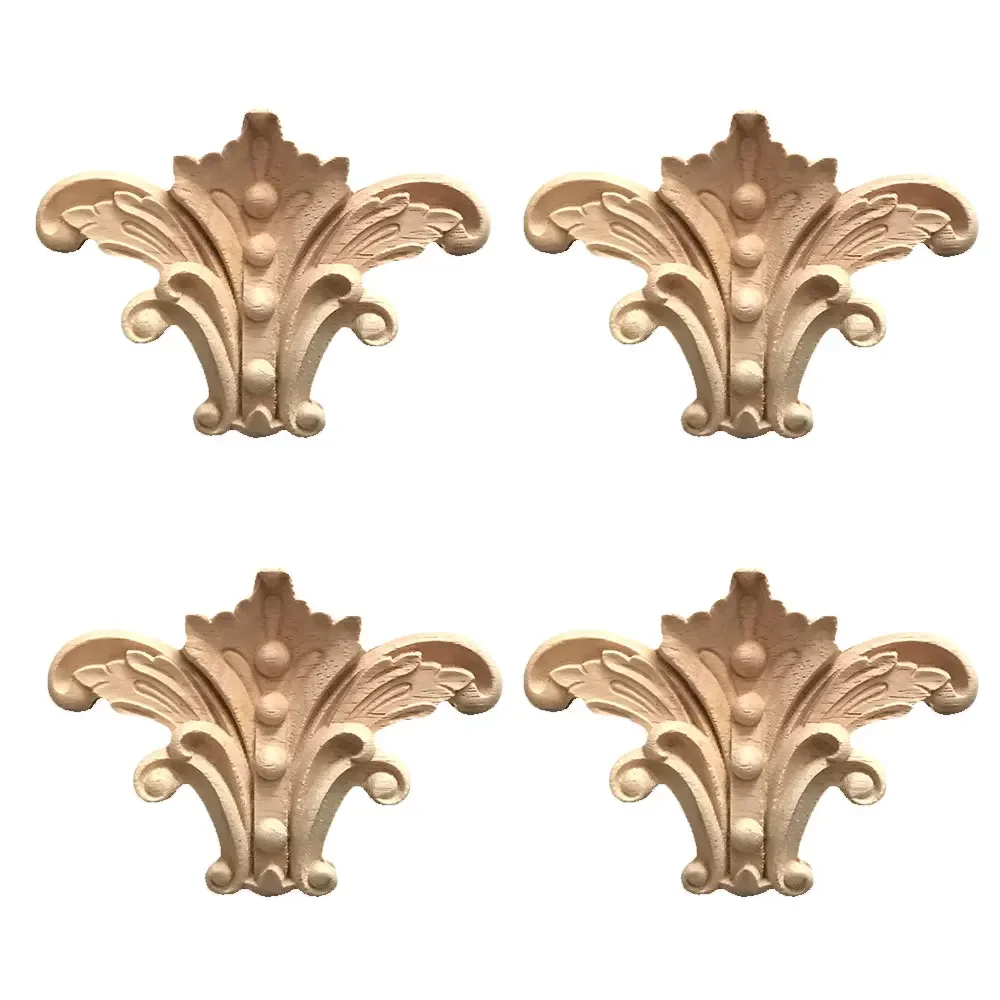 4 Pcs Wooden Carved Onlay Applique Shaped Unpainted Door Applique Vintage European Carved Decal for Furniture Decoration