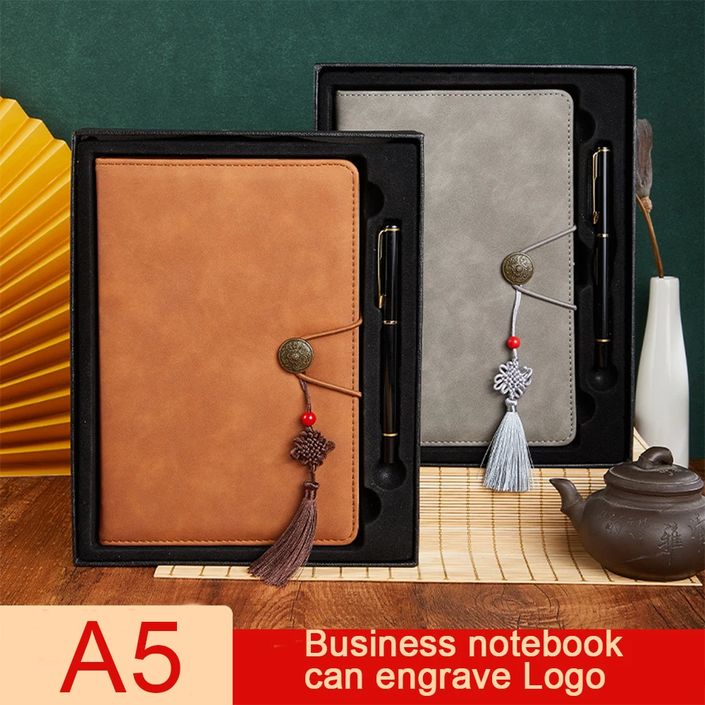 (Free Logo Engraving) A5 Business Soft Leather Notebook, Office Meeting Minutes, Student Diary, Notepad, 100 Sheets, 200 Pages,