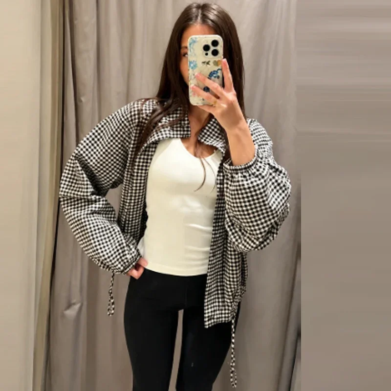 HXAO Gingham Cropped Jacke für Damen, Knopfverschluss, Übergroße Bomberjacke für die Übergangszeit, Vintage-Chic, Langarm-Oberteil, Karierter Mantel – Detail 7