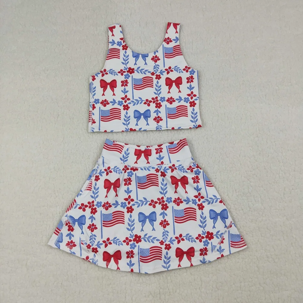 

Оптовая продажа: Комплект спортивной одежды для девочек на 4 июля – футболка с флагом, бантами, юбка-шорты, шорты-юбка для малышей