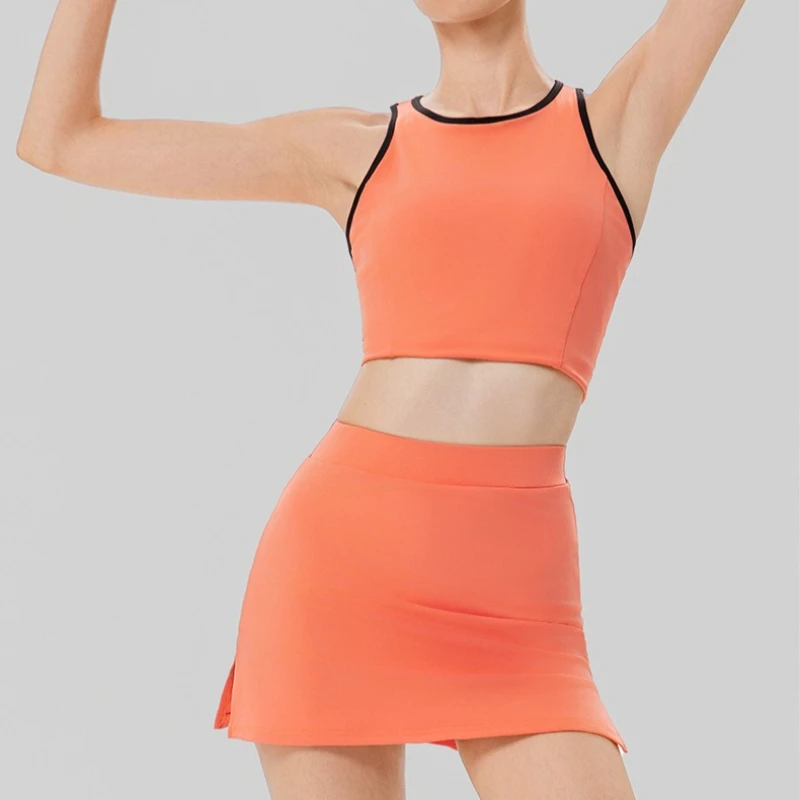 Women 2 Piece Tennis Outfit Contrast Racerback Crop Tank Top Split Skort Set Built-in Bra Athletic Golf Workout Sports Suit 2026