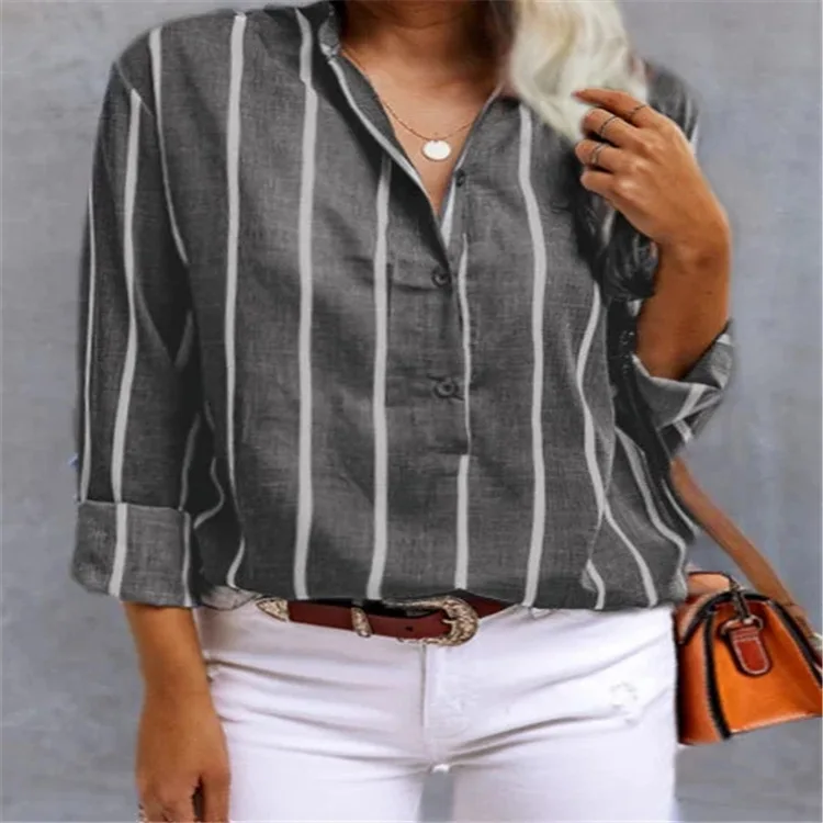 

Women Retro Pullover Shirt Fashion Stripe Tops Ladies V Neck Chemise 2024 Autumn Long Sleeve Blouses Causal Street Tunic Blusas