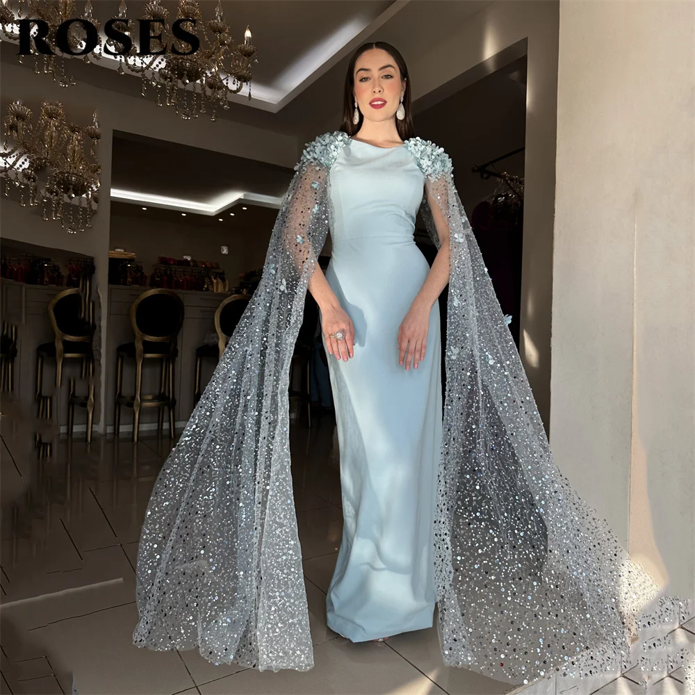 

ROSES Sky Blue Mermaid Party Dress Floral Shoulder Night Dress with Sequined Cape Sleeves Celebrity Dress for Woman Customized
