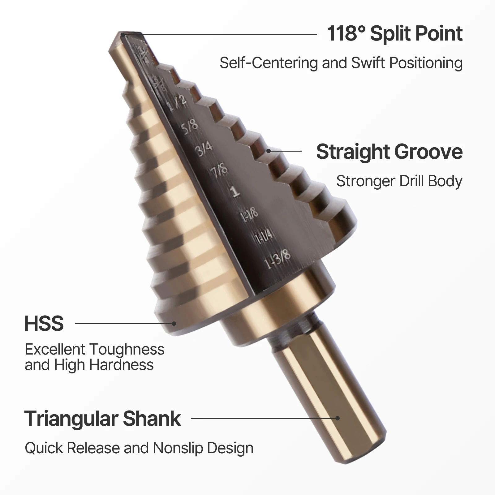 Versery 5 ชิ้น Step Core เจาะบิตสามเหลี่ยม Shank ตรงร่องเจดีย์เครื่องตัดกรวยโลหะเจาะ Bit Hole เปิด 3/4 "-1/8"