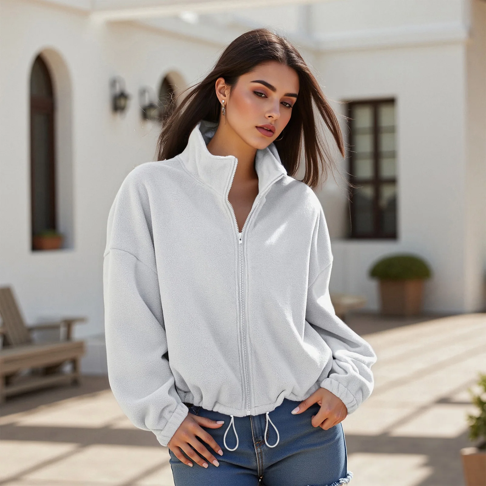 

Women's Fashion Casual Fleece Jacket Long Sleeve Stand Collar Zip Up Jacket Fall Winter Warm Outwear Streetwear