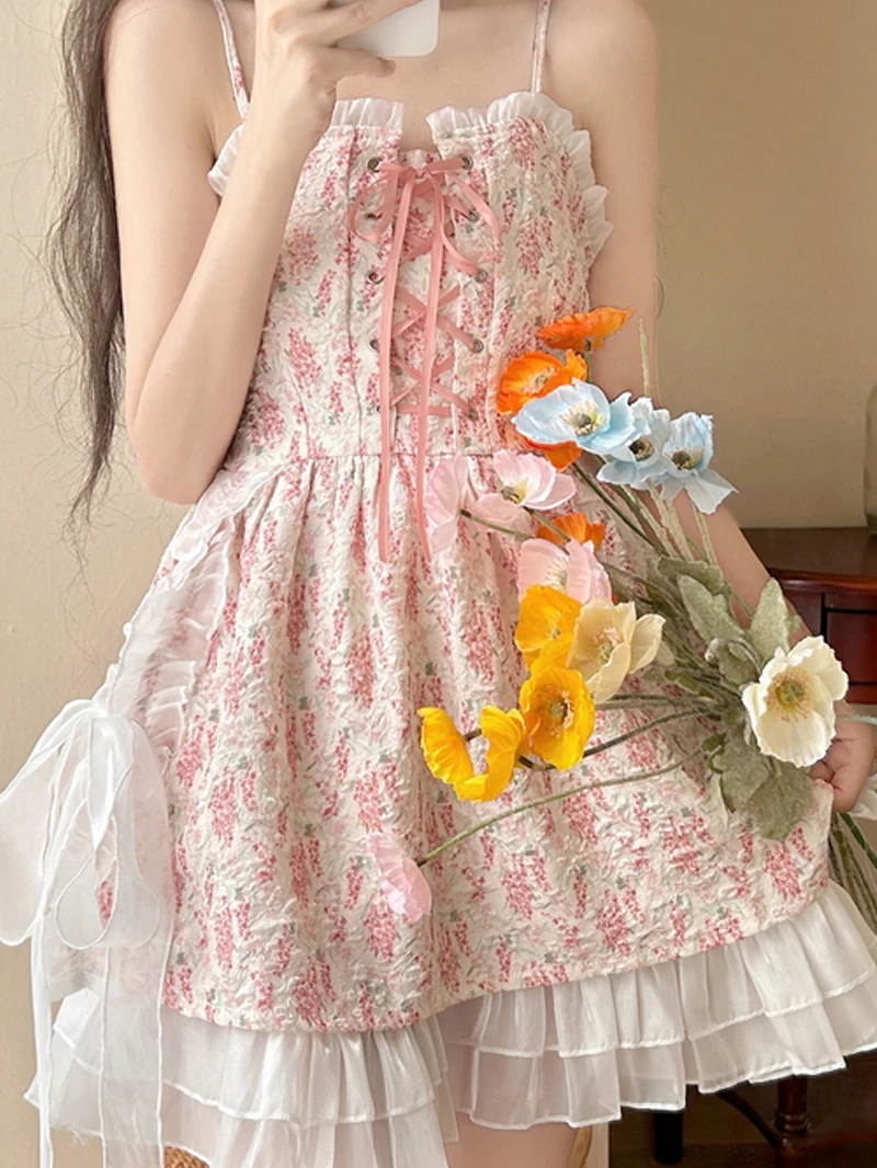 French Style Drawstring Halter Floral Print Gown Angelic Skirt Breathable High Waist A-Line Dress Spring New Arrival