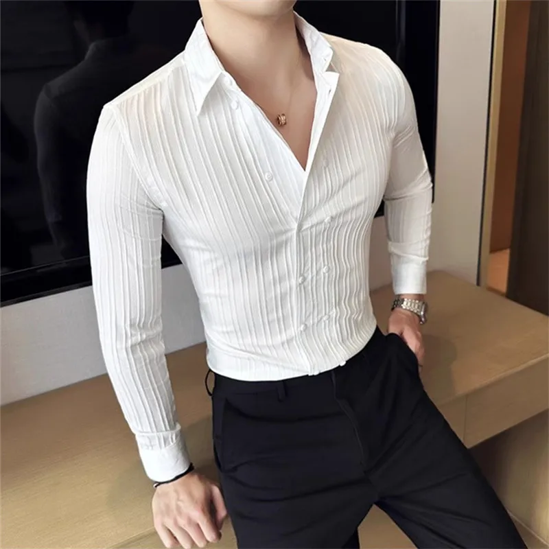 New Men's Fashion Double Breasted Shirts Solid Color Long Sleeve Smart Casual Shirts Men England Style Formal Party Male Blouse