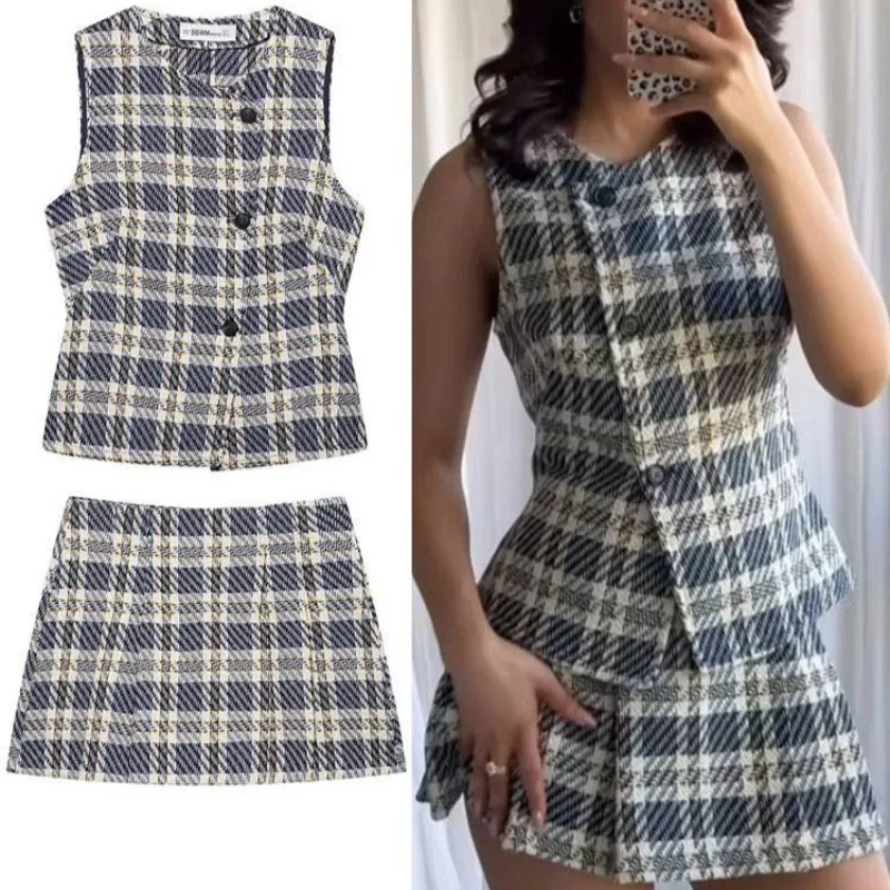 Shpmishal European and American Fashion Women's Checkered Texture Round Neck Vest Loose Casual Skirt Pants Two-piece Set