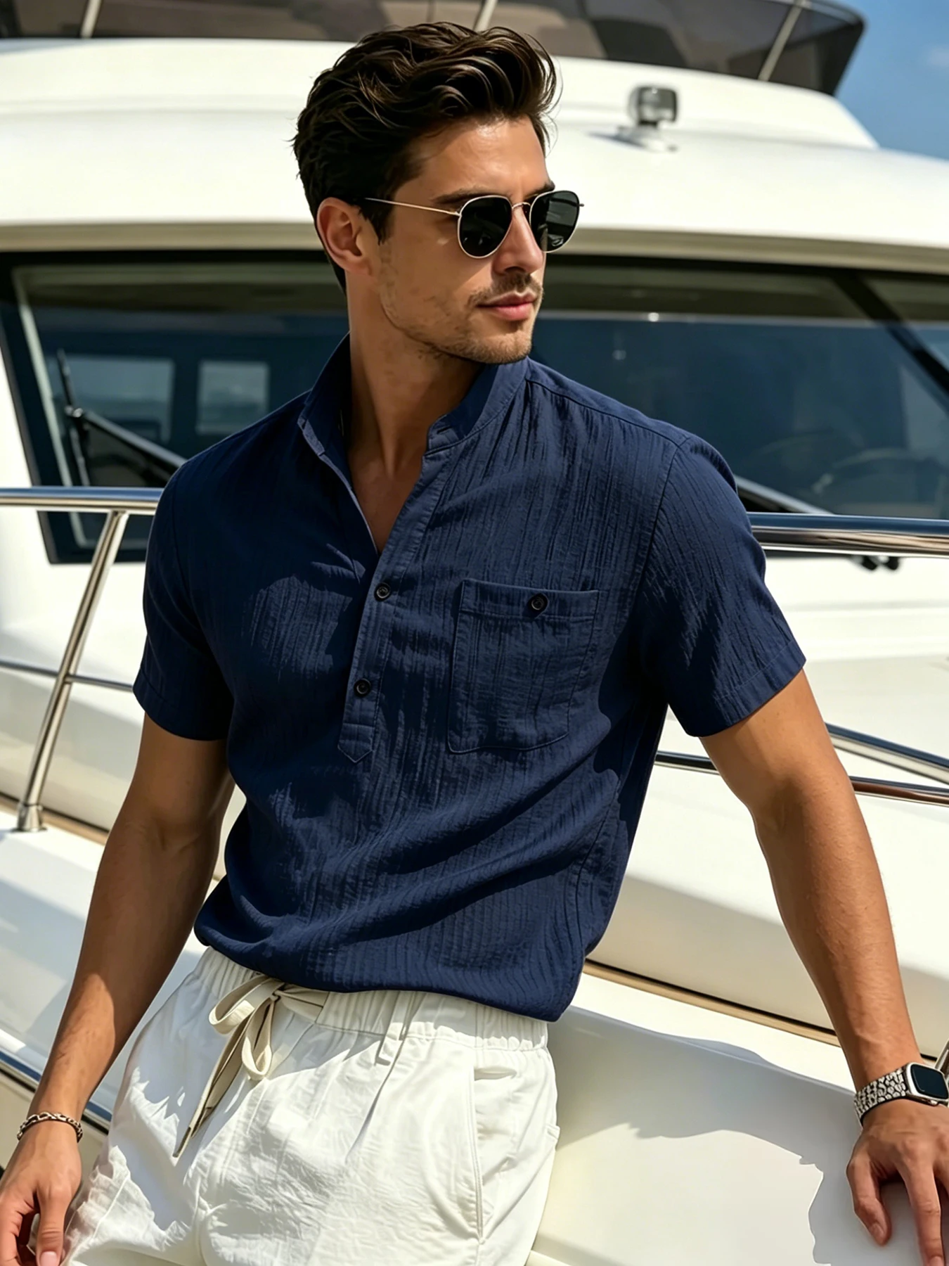 Men Mature Business Textured Stand Collar Shirt, Henley Placket, Subtle Premium Texture, Breathable Top for Office Commute &