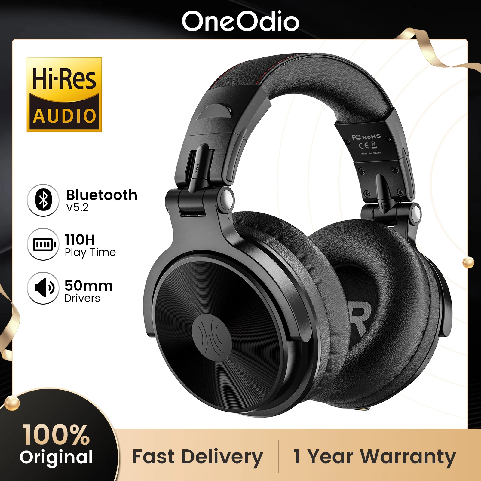 Oneodio Pro-C Wireless Headphones 110H PlayTime, Bluetooth 5.2, Foldable Comfortable Fit, Deep Bass Stereo Earphones with Mic