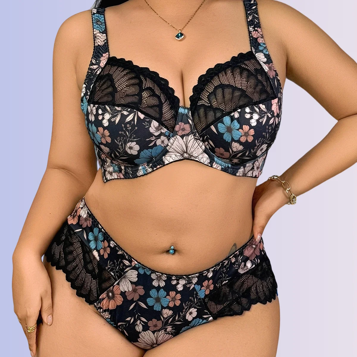 

Комплект женского белья больших размеров из кружевной сетки с цветочным принтом, 2 предмета: бюстгальтер и трусики с высокой талией, для свиданий, медового месяца, Дня святого Валентина