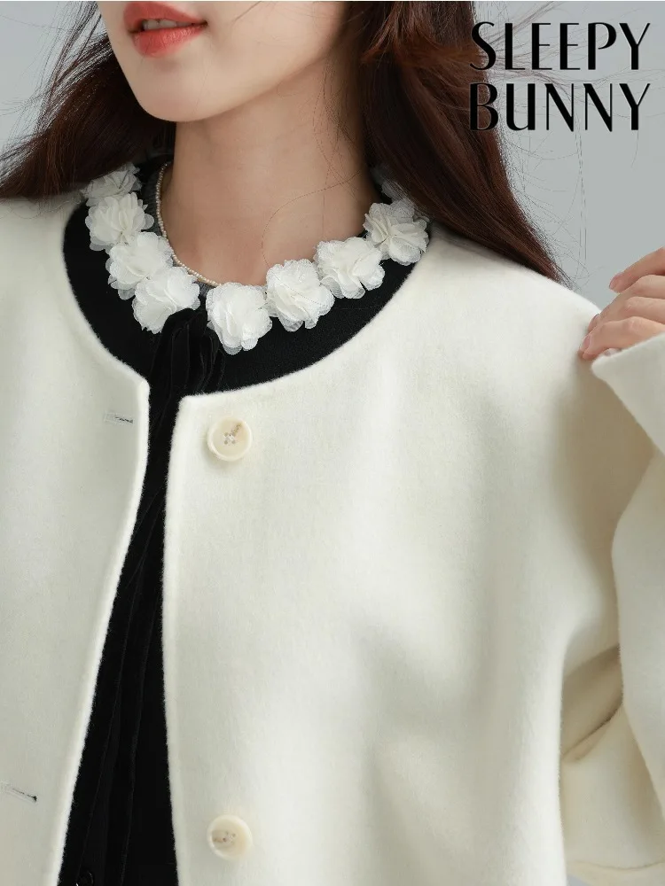 

Women Spring Wool Double-Faced Coat Casual Slimming Short Tweed Style Elegant Jacket Lady Sophisticated Wear with Pocket Accents