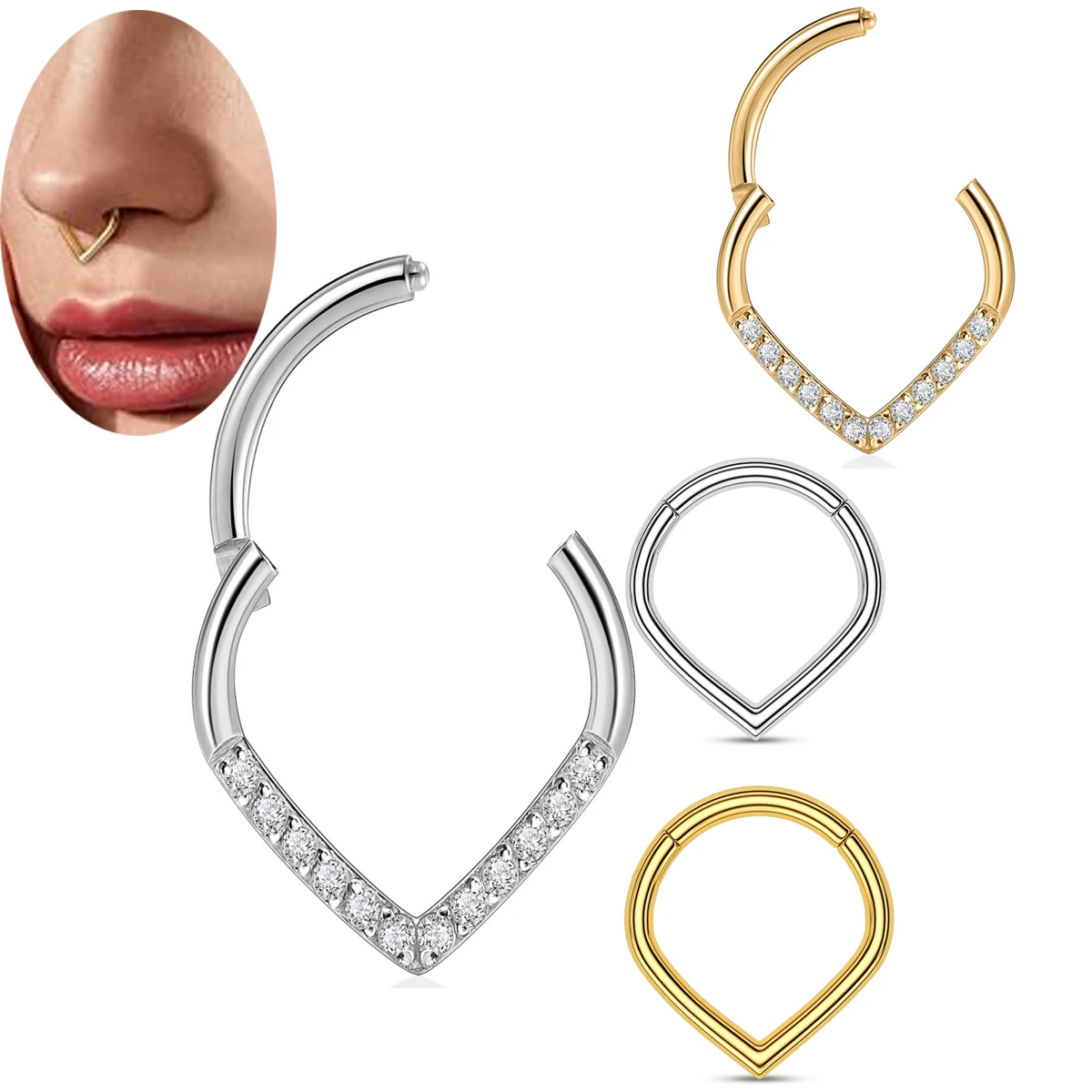 Heart Hinged Nose Ring Hoop Teardrop Septum Hoop Conch Daith Helix Ring Hoops Rook Tragus Ring Lip Ring Cartilage Earrings Hoop