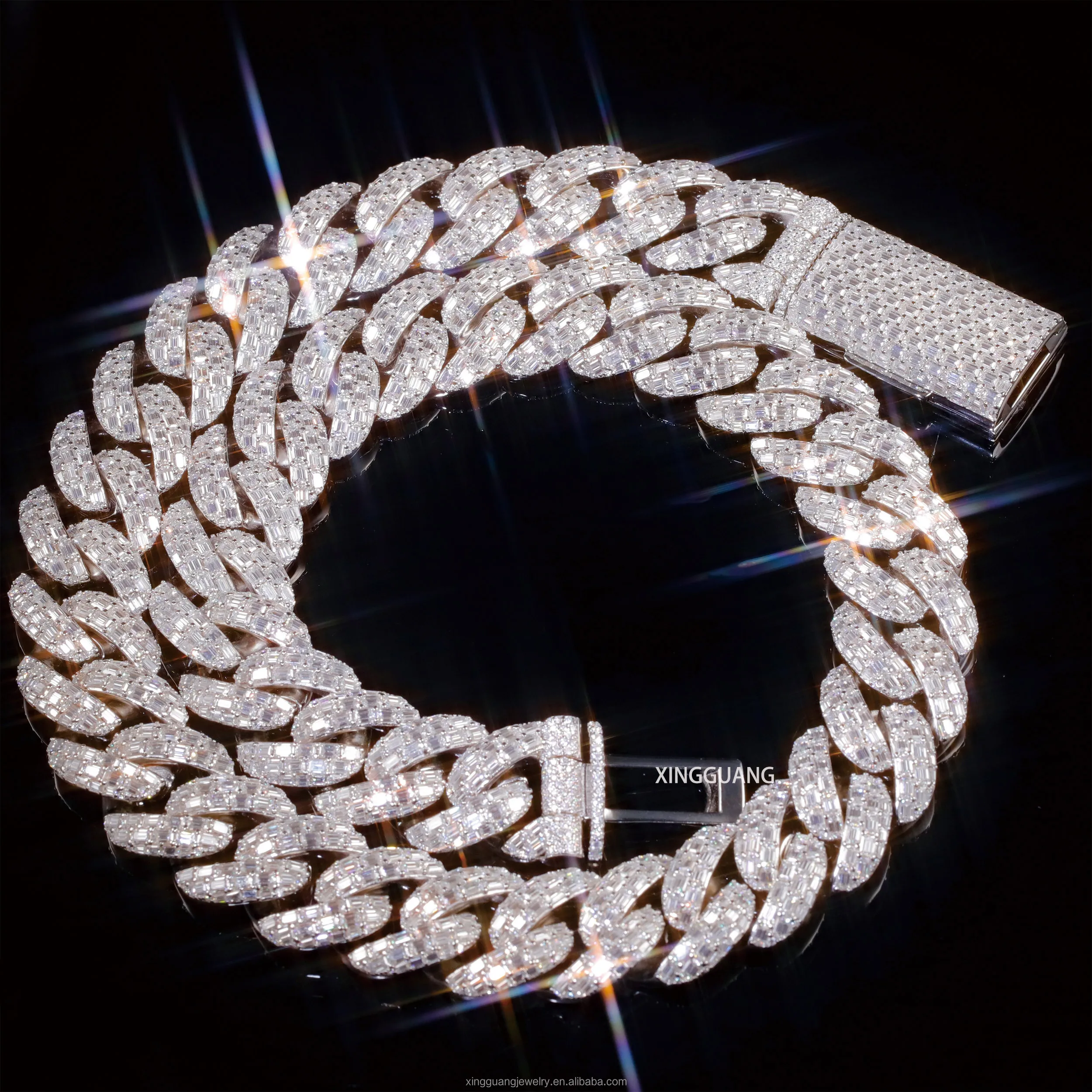 Custom Baguette Moissanite Clasp Full Iced Out Cuban Link Chains 22MM 3 Rows 925 Silver Pass Diamond Test VVS Moissanite Chains，