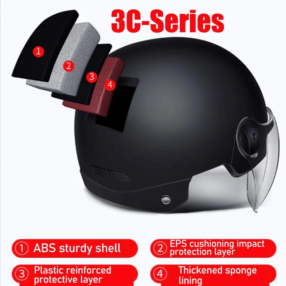 Men Motorcycle Helmet,Woman Electric Motor Car Scooter Bike Open Face Half Helmet,Anti-UV Safety Hat Bicycle Cap with Goggles