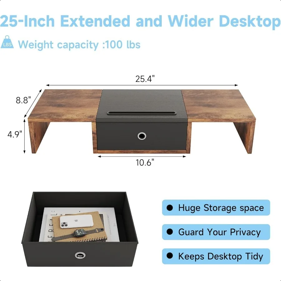 Monitorständer-Riser mit Aufbewahrungsschublade, 25-Zoll-Computermonitorständer mit Tablet und Handyhaltern, Holz-Desktop-Organizer