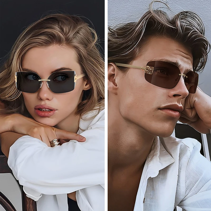 

Retro Metal Rimless Sunglasses Woman Square Frame Curved Sun Glasses Male Vintage Bend Lens Fashion Eyewear UV400 Shade Men