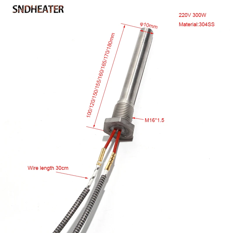 SNDHEATER 304SS Grill Ignition Rod Threaded Single-ended Tube 220V 10x100-180mm 220V 300W Heating Pipe for Pellet Fireplace