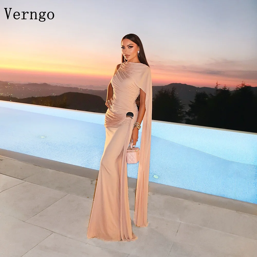 

Verngo Champagne Crepe Evening Dress O Neck Sleeveless Mermaid Formal Occasion Dresses Pleat Elegant Prom Gowns Customized
