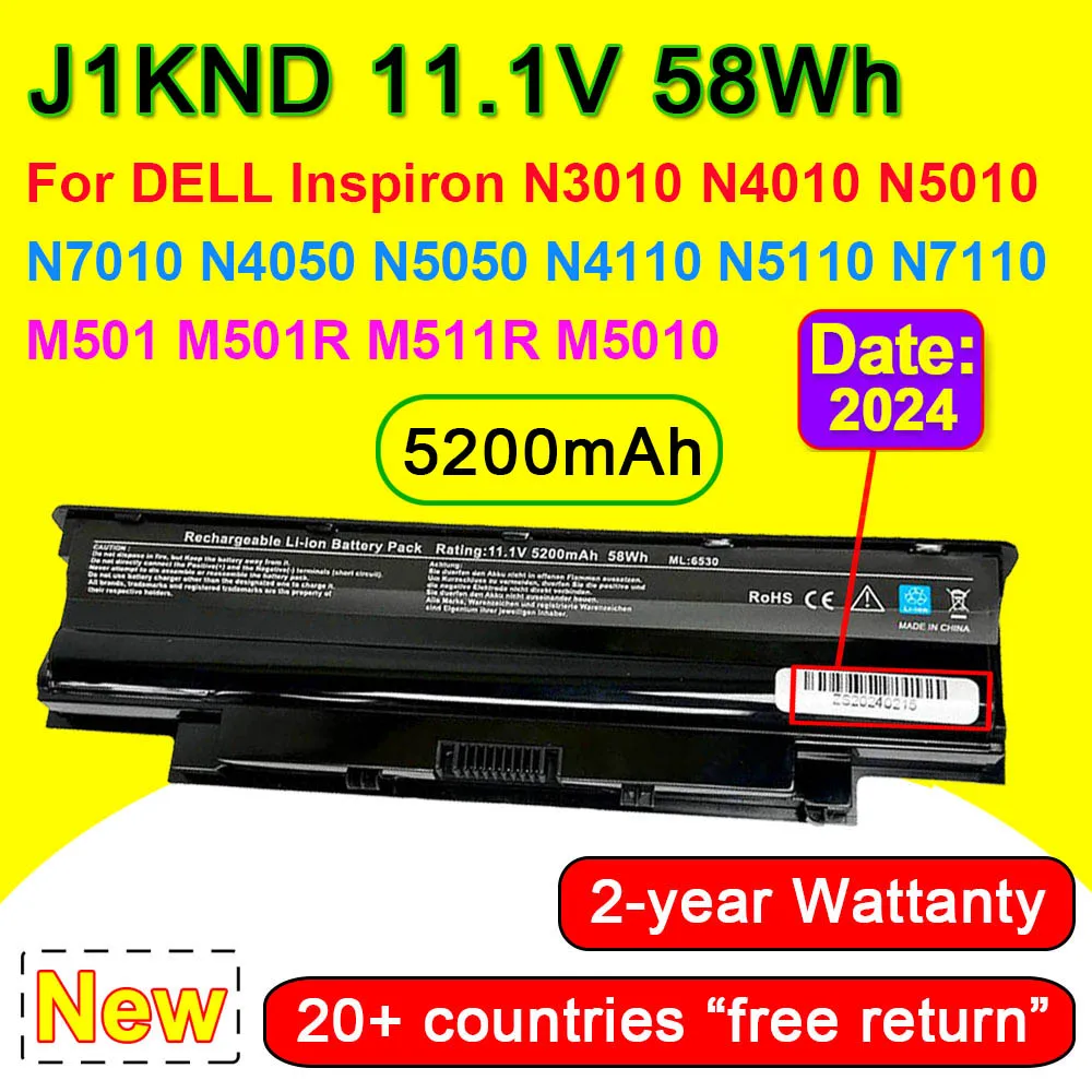 J1KND For DELL Inspiron N3010 N4010 N5010 N7010 N4050 N5050 N4110 N5110 N7110 M501 M501R M5010R Laptop Battery 11.1V 5200mAh