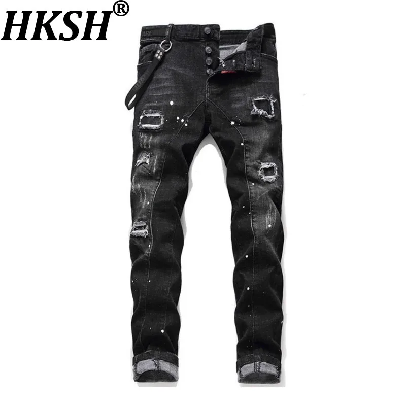 HKSH Spring Autumn New Men Trendy Casual Patch Slim Fit Skinny Jeans Fashion Dark Personality Tie Dye Ripped Denim Pants HK16294