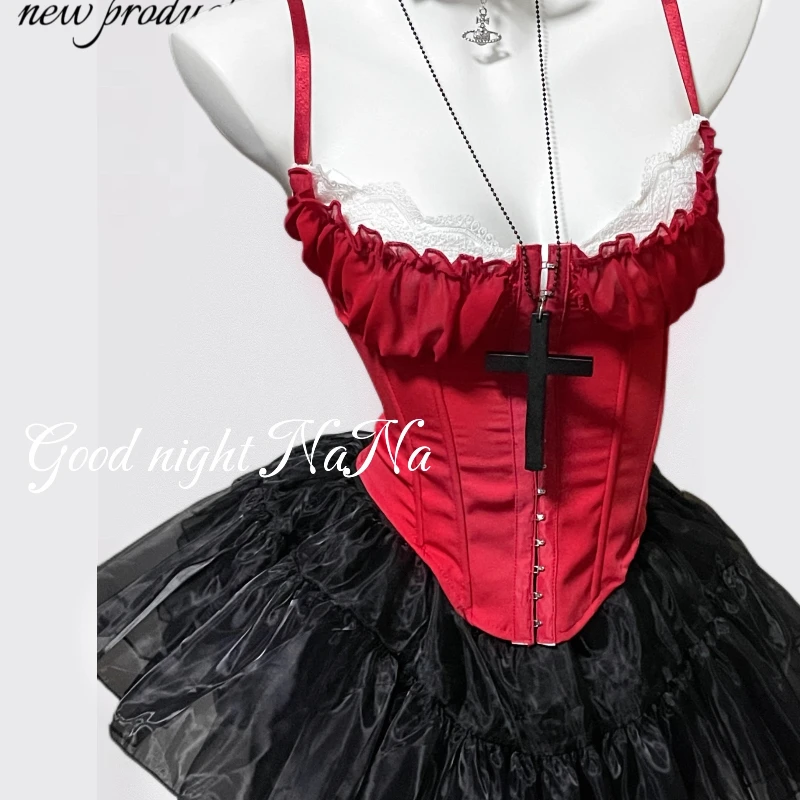 Gothic Punk Black Red Color Splicing Fishbone Women's Top Strap Original Design New Sweet Cute Mesh Puffy Short Skirt Set Ladies