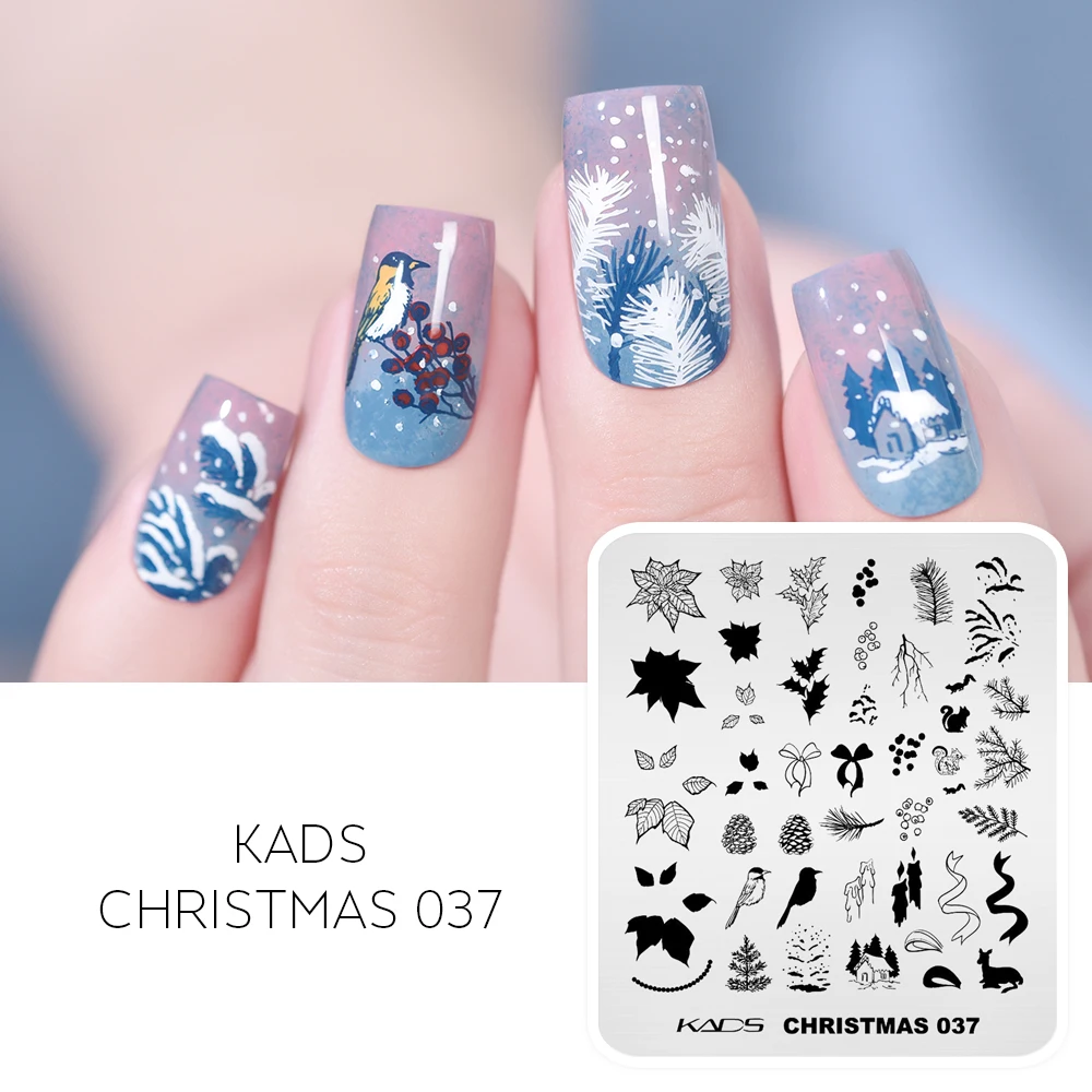 KADS Christmas 037 Nail Stamping Plate Nails Stamp Stencil Manicure Template Tool Poinsettia Pine Birds Squirrel Cottage Candle