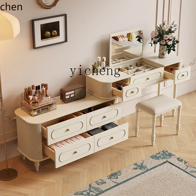 HXL Makeup Mirror Dressing Table Ivory White Master Bedroom Rounded Corner Wave Makeup Desk Chest of Drawers