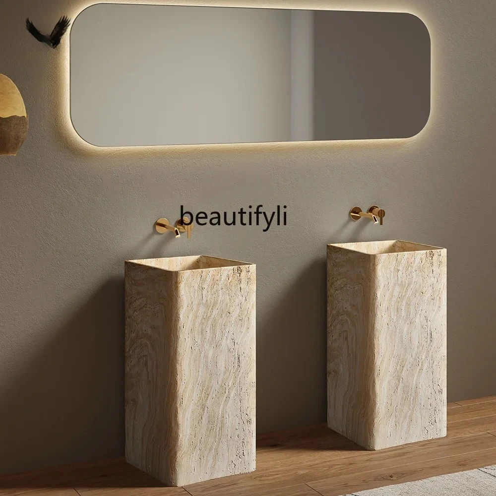 

Medieval style square beige travertine integrated forming floor washing hand washing face column basin villa hotel bed cl