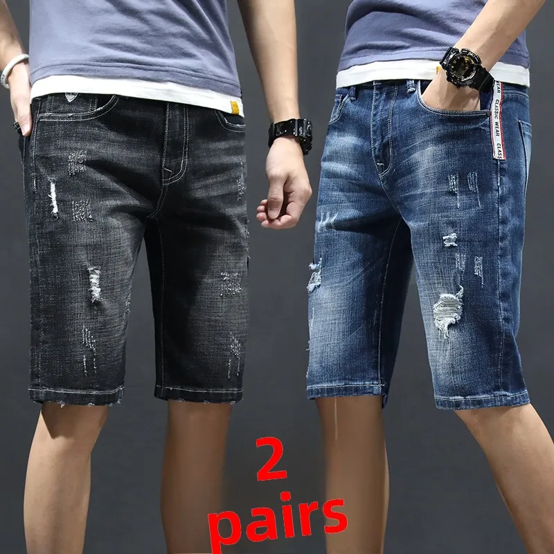 

Мужские летние тонкие джинсовые шорты-брюки средней длины, повседневные, со средней посадкой, на резинке, модные рваные джинсы, молодежный стиль