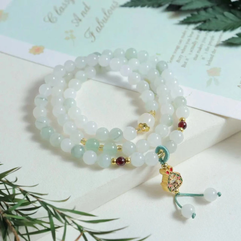 Natural Tianshan Cui Pulseira Três Círculos, Ice Jade, Conta Redonda, Colar Buda, Reiki